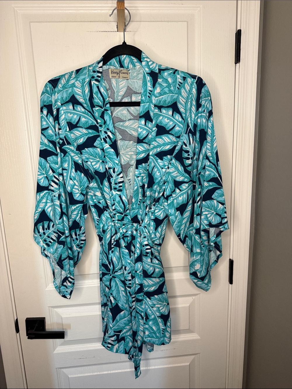 Kenny Flowers Teal and Navy Leaf-Print Swim Coverup